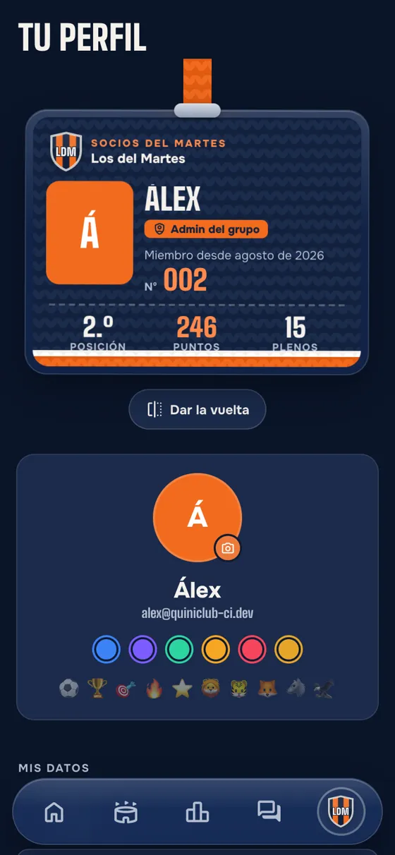 Captura de la app QuiniClub: Tu carnet, en tu perfil